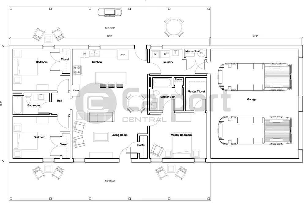 30'x52'x12' Barndominium with Attached Garage Floor Plan
