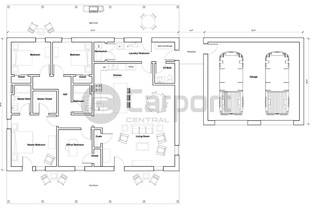40'x52'x12' Barndominium with Separate Garage Floor Plan